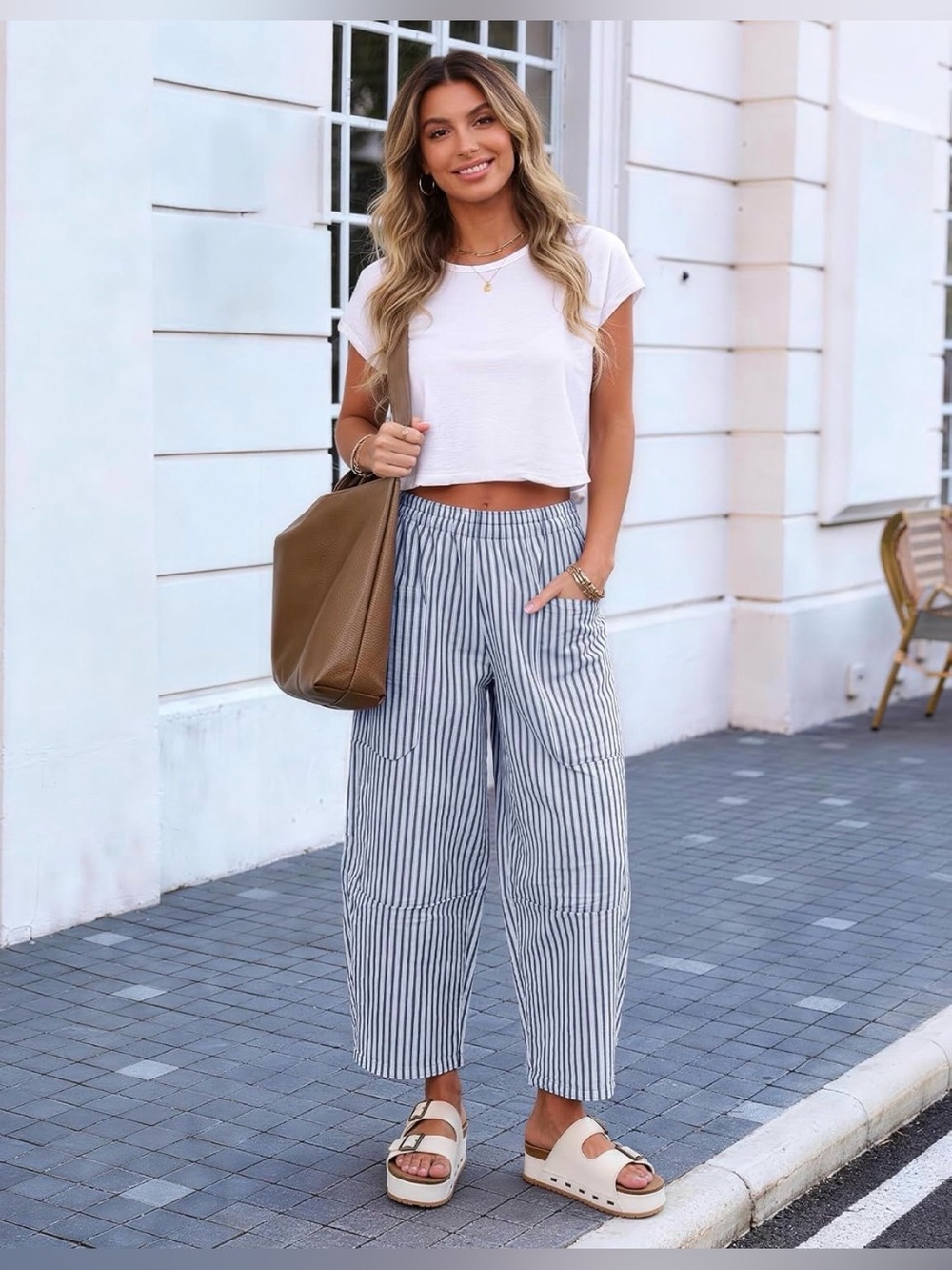 Women's Striped Wide Leg Pants Pockets - Blue/White Large NEW Elastic Waistband